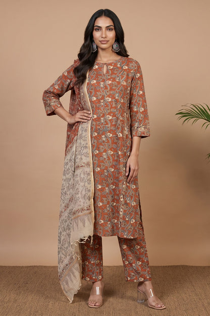 Rust Floral Printed Pure Cotton Straight Kurta with Straight Pants and Dupatta Set
