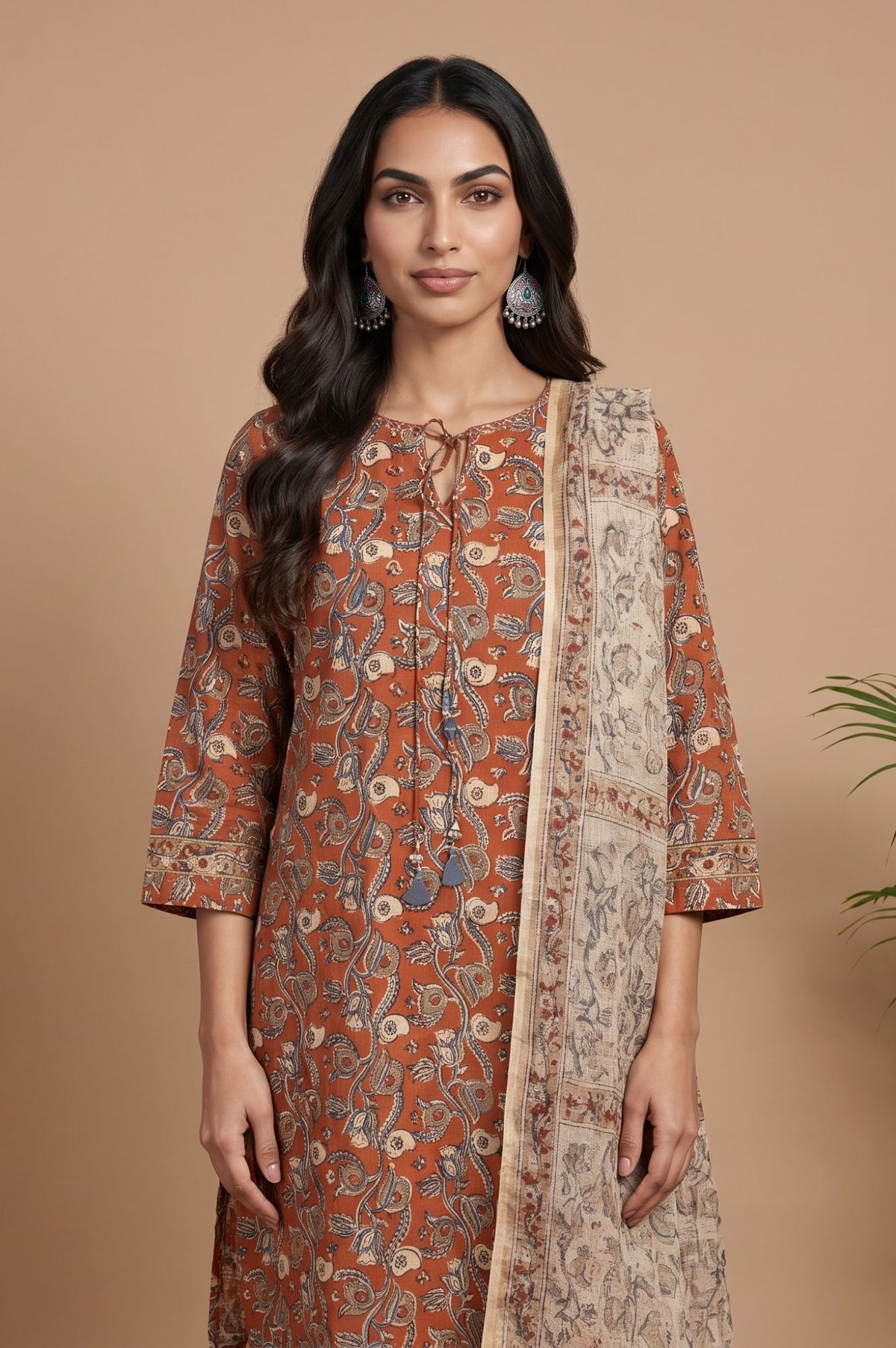Rust Floral Printed Pure Cotton Straight Kurta with Straight Pants and Dupatta Set