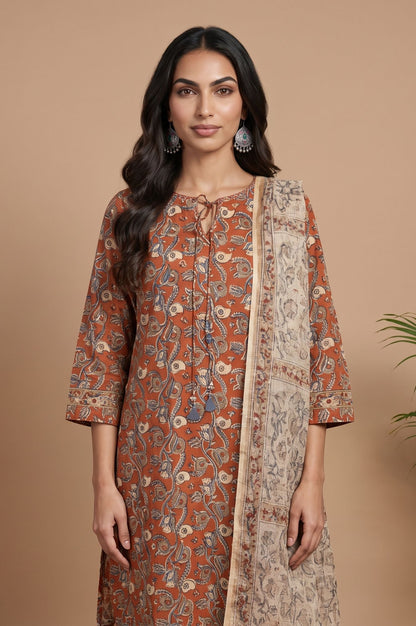 Rust Floral Printed Pure Cotton Straight Kurta with Straight Pants and Dupatta Set