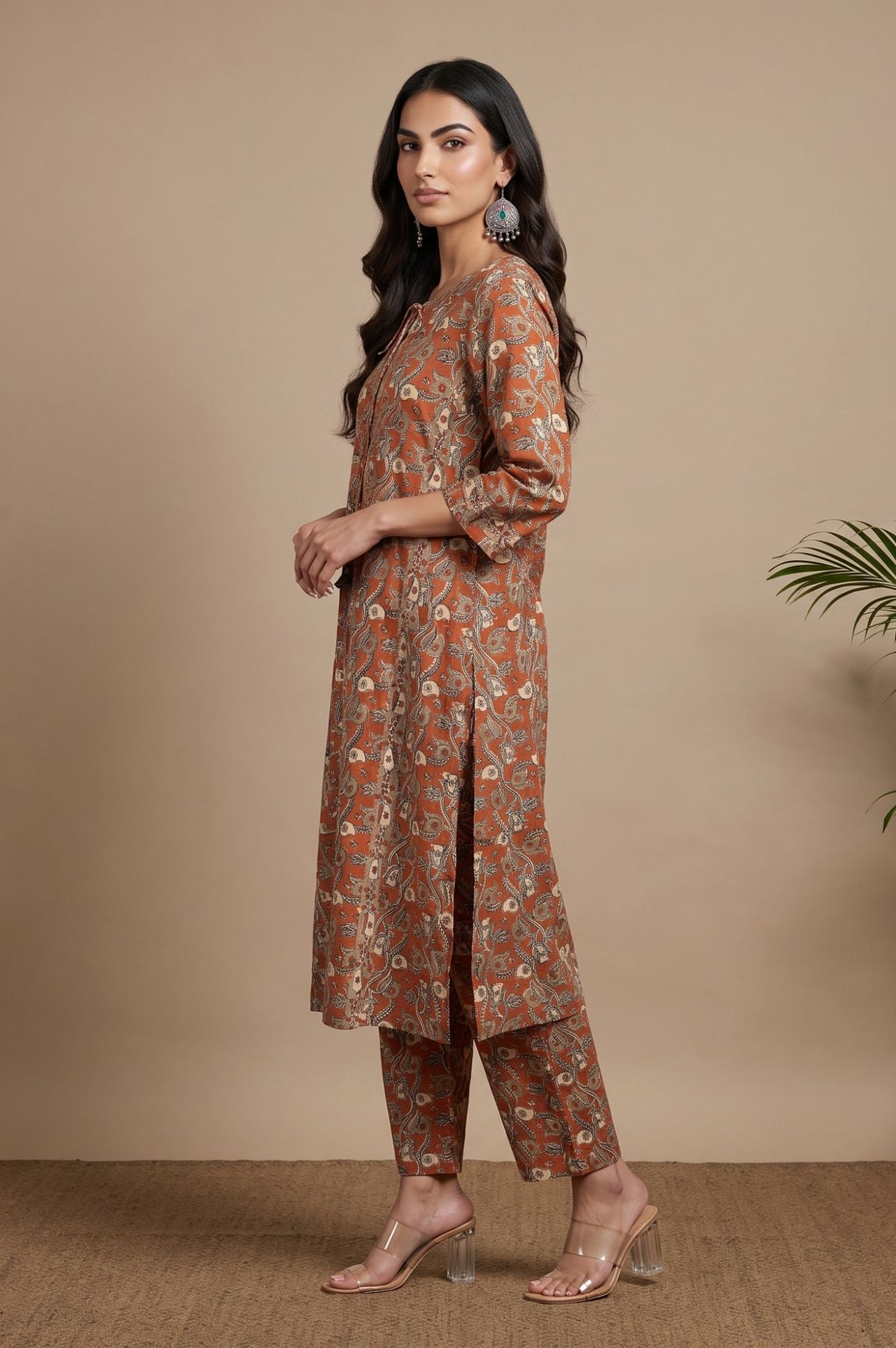 Rust Floral Printed Pure Cotton Straight Kurta with Straight Pants and Dupatta Set