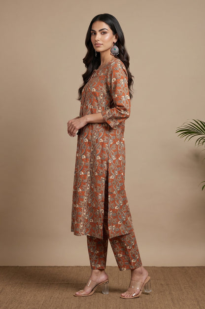 Rust Floral Printed Pure Cotton Straight Kurta with Straight Pants and Dupatta Set