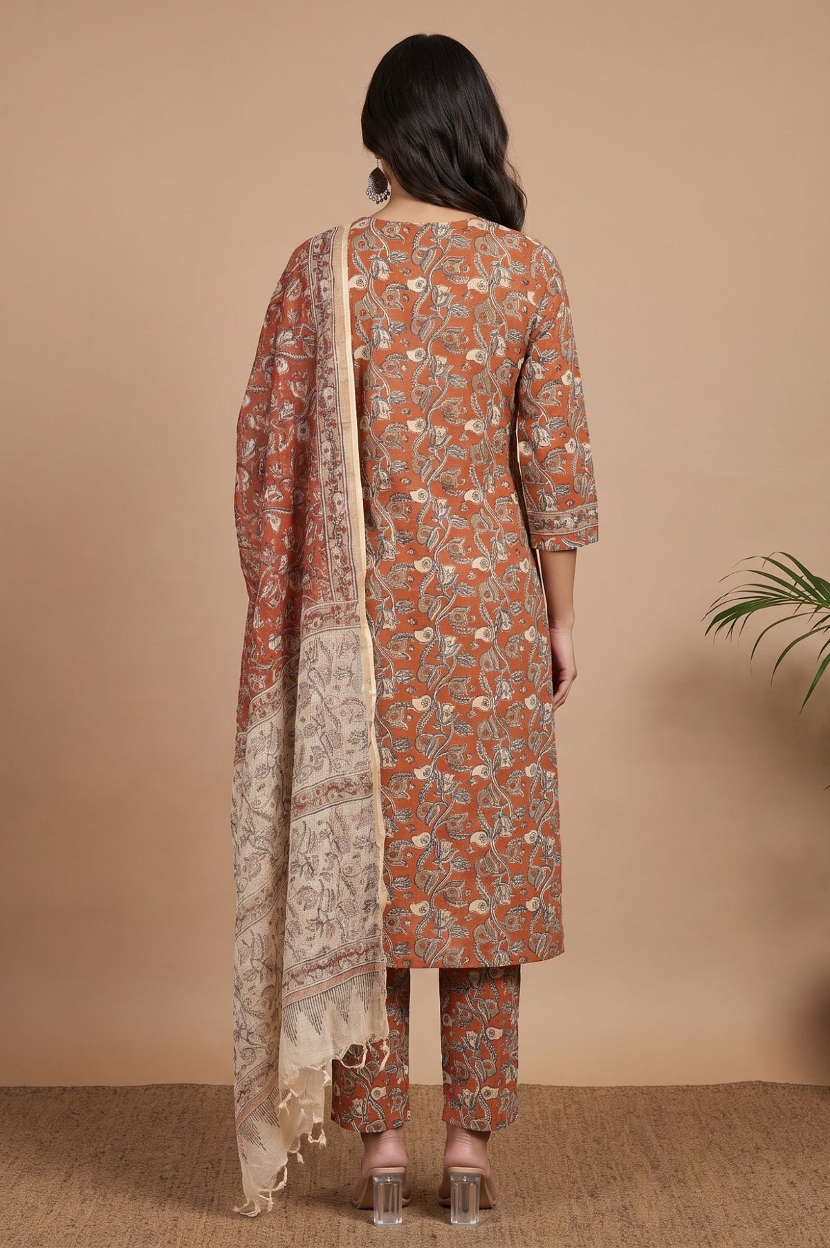 Rust Floral Printed Pure Cotton Straight Kurta with Straight Pants and Dupatta Set