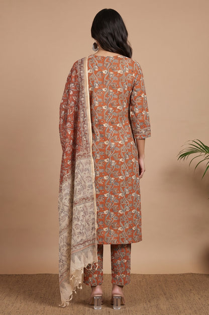 Rust Floral Printed Pure Cotton Straight Kurta with Straight Pants and Dupatta Set