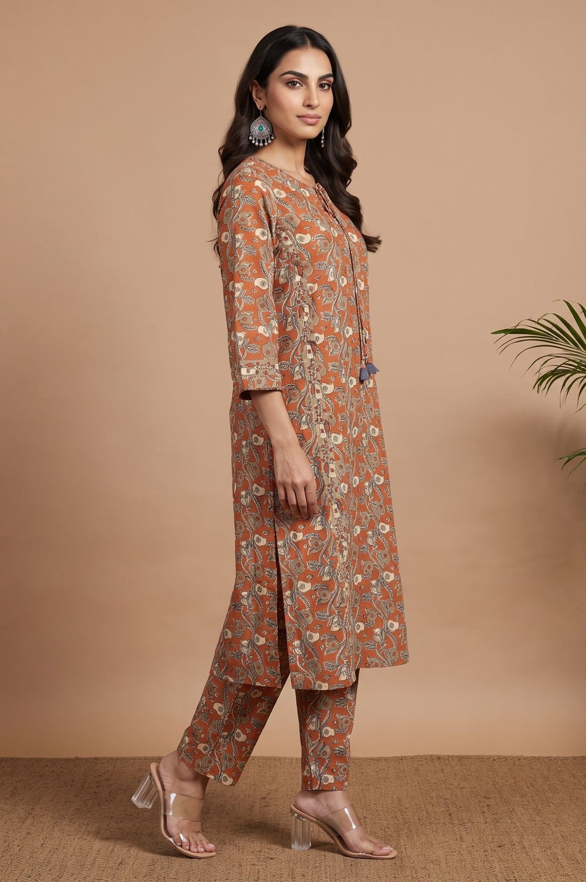 Rust Floral Printed Pure Cotton Straight Kurta with Straight Pants and Dupatta Set