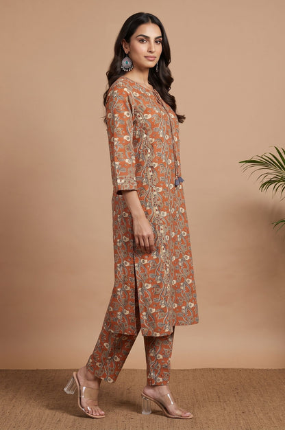 Rust Floral Printed Pure Cotton Straight Kurta with Straight Pants and Dupatta Set