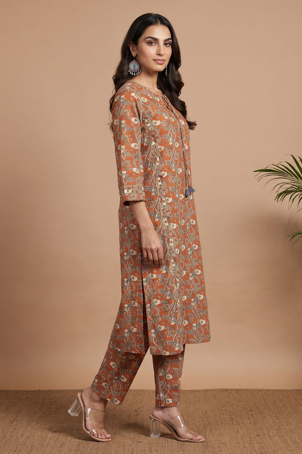 Rust Floral Printed Pure Cotton Straight Kurta with Straight Pants and Dupatta Set