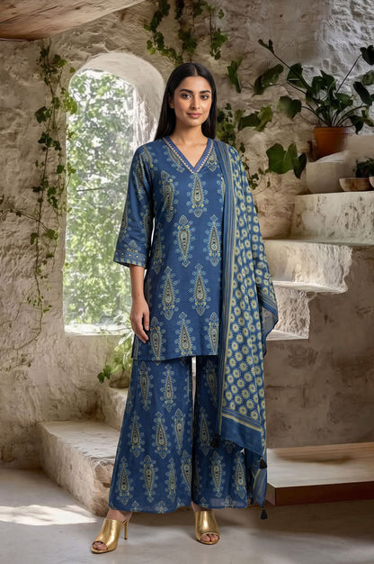 Blue Ajrak Printed Modal Satin Straight Kurta with Sharara Pant and Dupatta Set