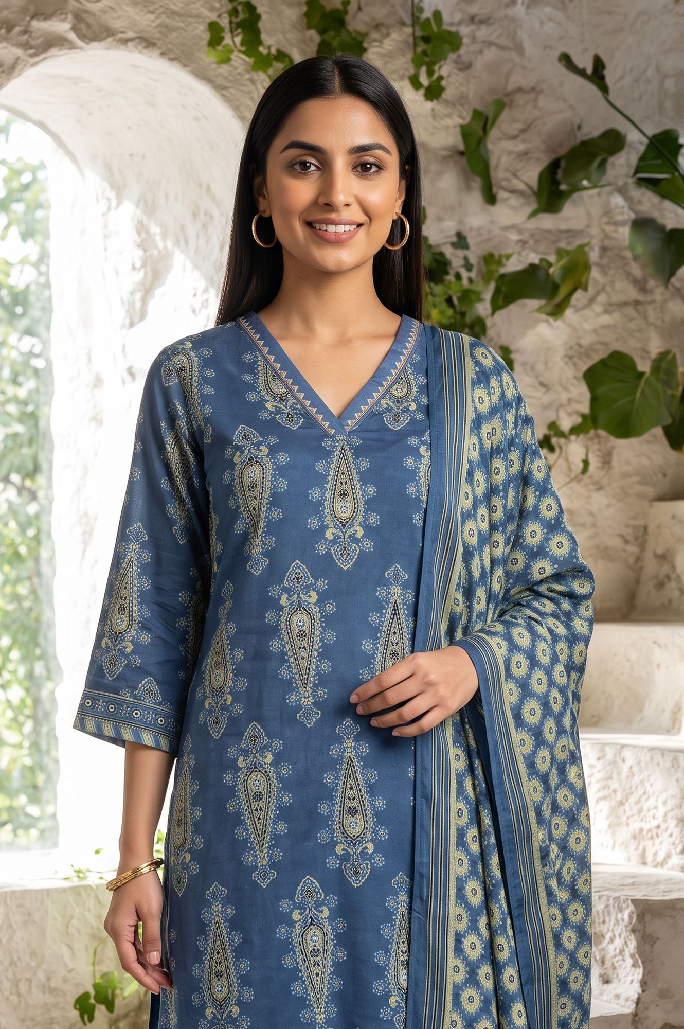 Blue Ajrak Printed Modal Satin Straight Kurta with Sharara Pant and Dupatta Set