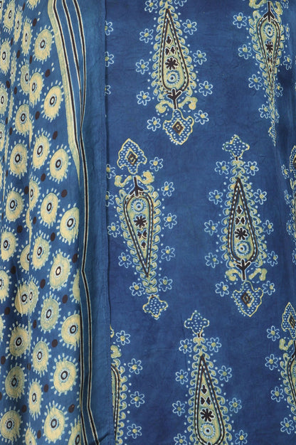 Blue Ajrak Printed Modal Satin Straight Kurta with Sharara Pant and Dupatta Set