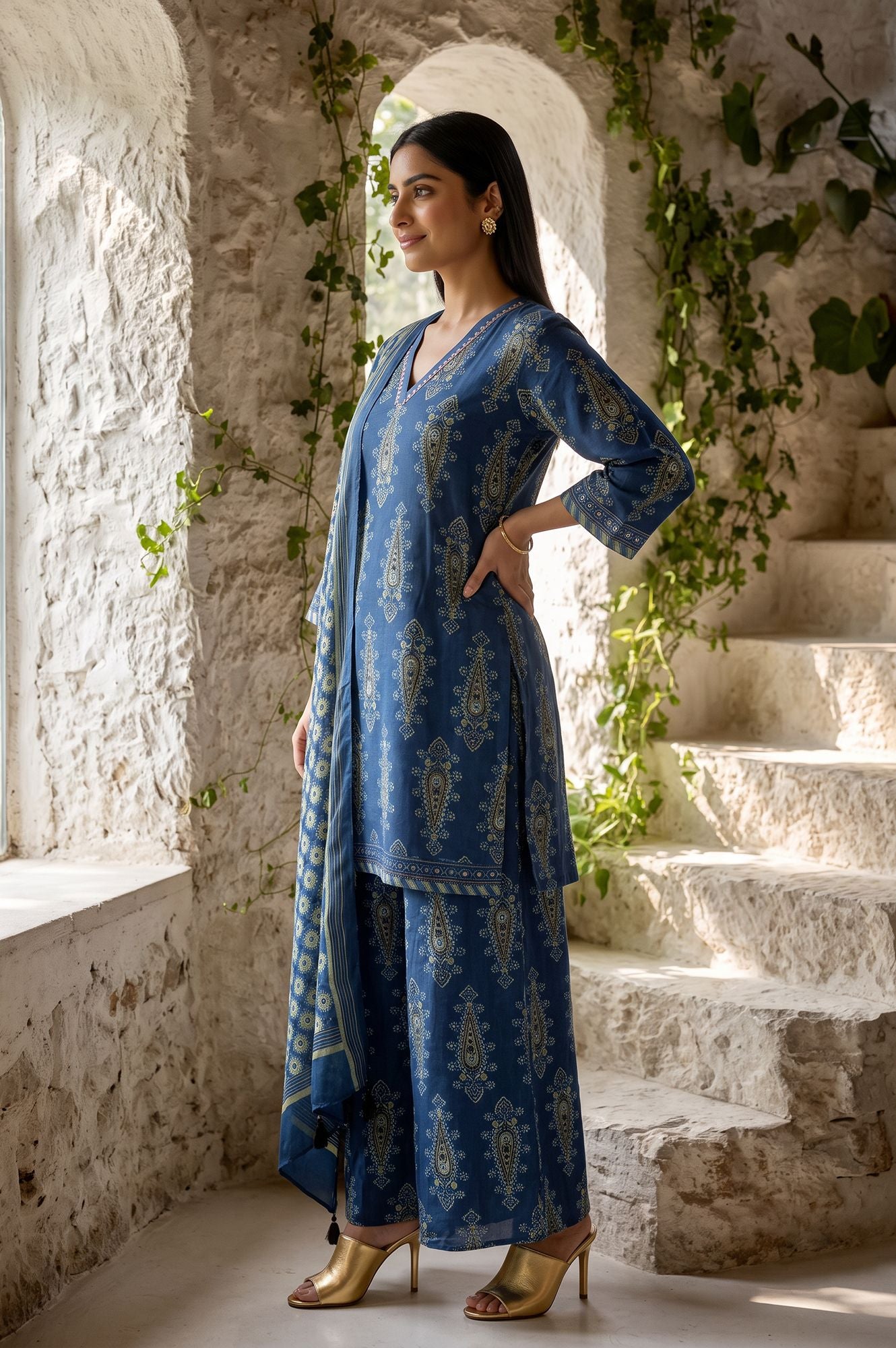 Blue Ajrak Printed Modal Satin Straight Kurta with Sharara Pant and Dupatta Set