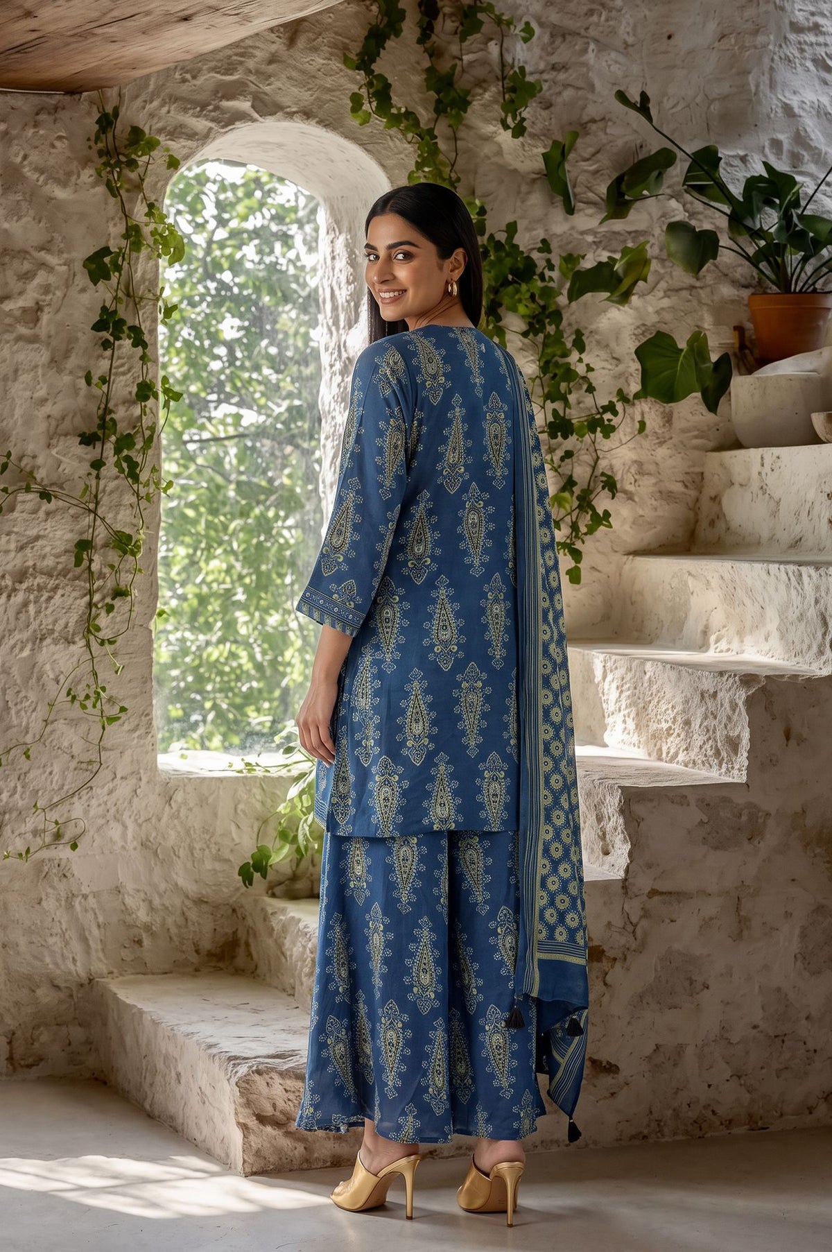 Blue Ajrak Printed Modal Satin Straight Kurta with Sharara Pant and Dupatta Set