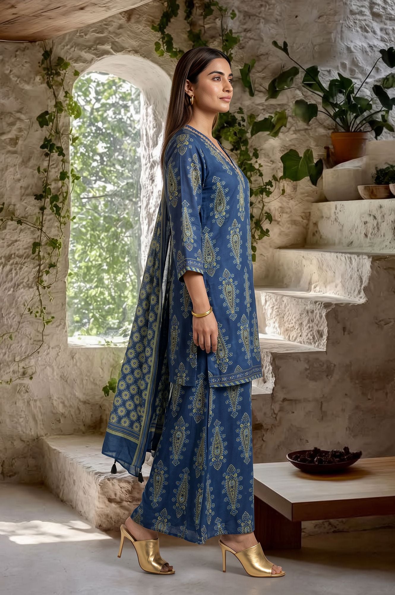 Blue Ajrak Printed Modal Satin Straight Kurta with Sharara Pant and Dupatta Set