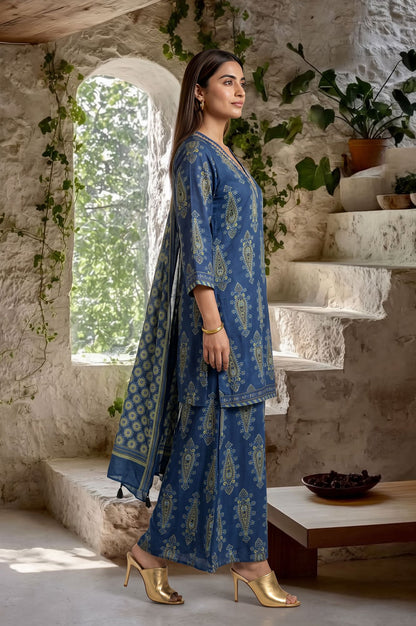 Blue Ajrak Printed Modal Satin Straight Kurta with Sharara Pant and Dupatta Set