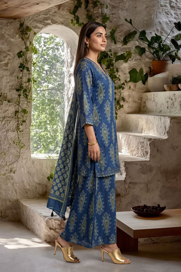 Blue Ajrak Printed Modal Satin Straight Kurta with Sharara Pant and Dupatta Set