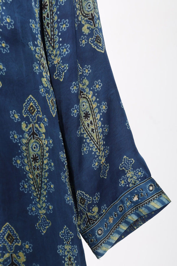 Blue Ajrak Printed Modal Satin Straight Kurta with Sharara Pant and Dupatta Set