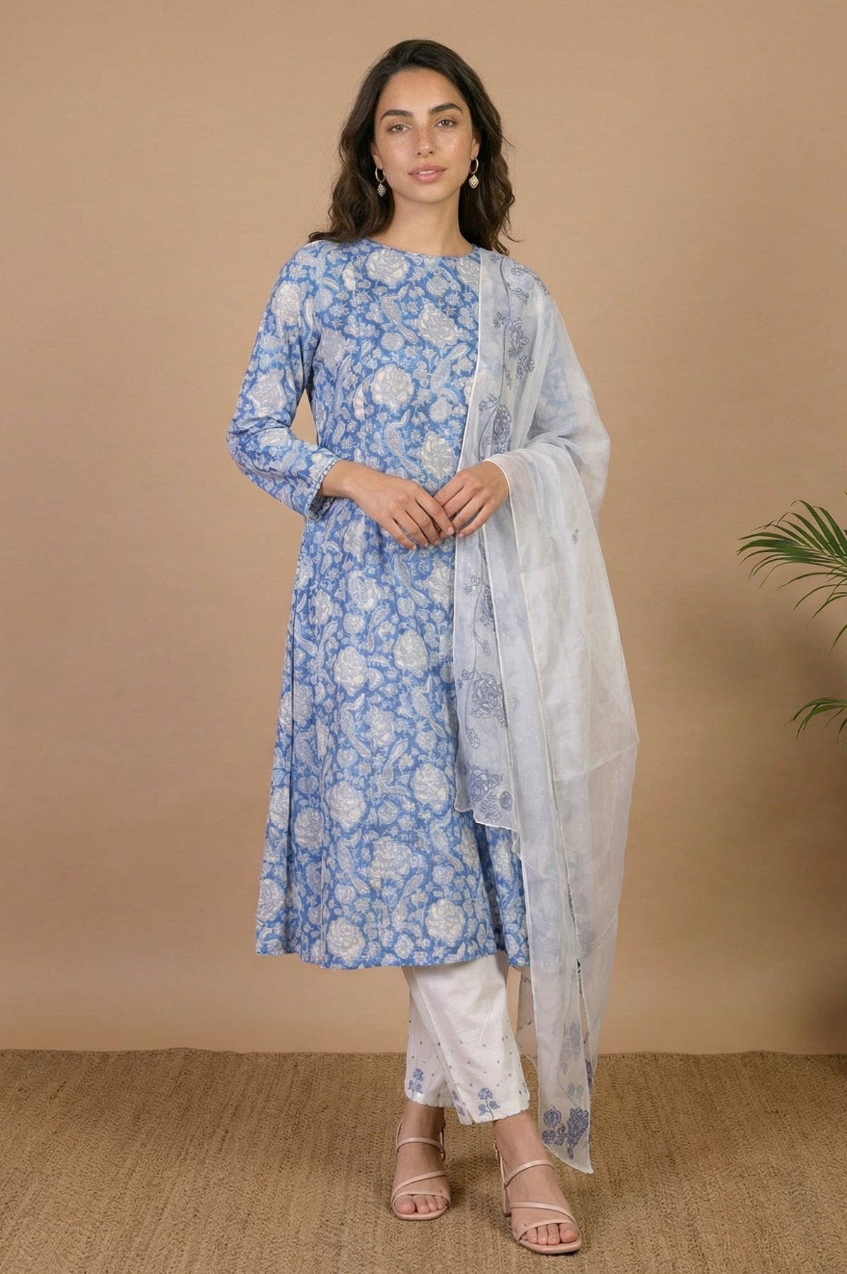 Blue Block Printed Pure Cotton A-Line Kurta with Pants and Dupatta Set - XS