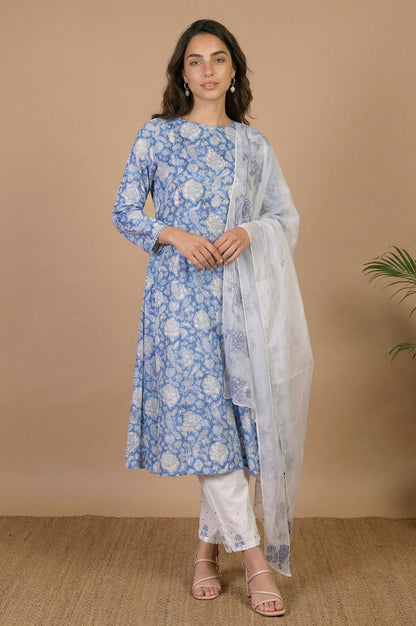 Blue Block Printed Pure Cotton A-Line Kurta with Pants and Dupatta Set
