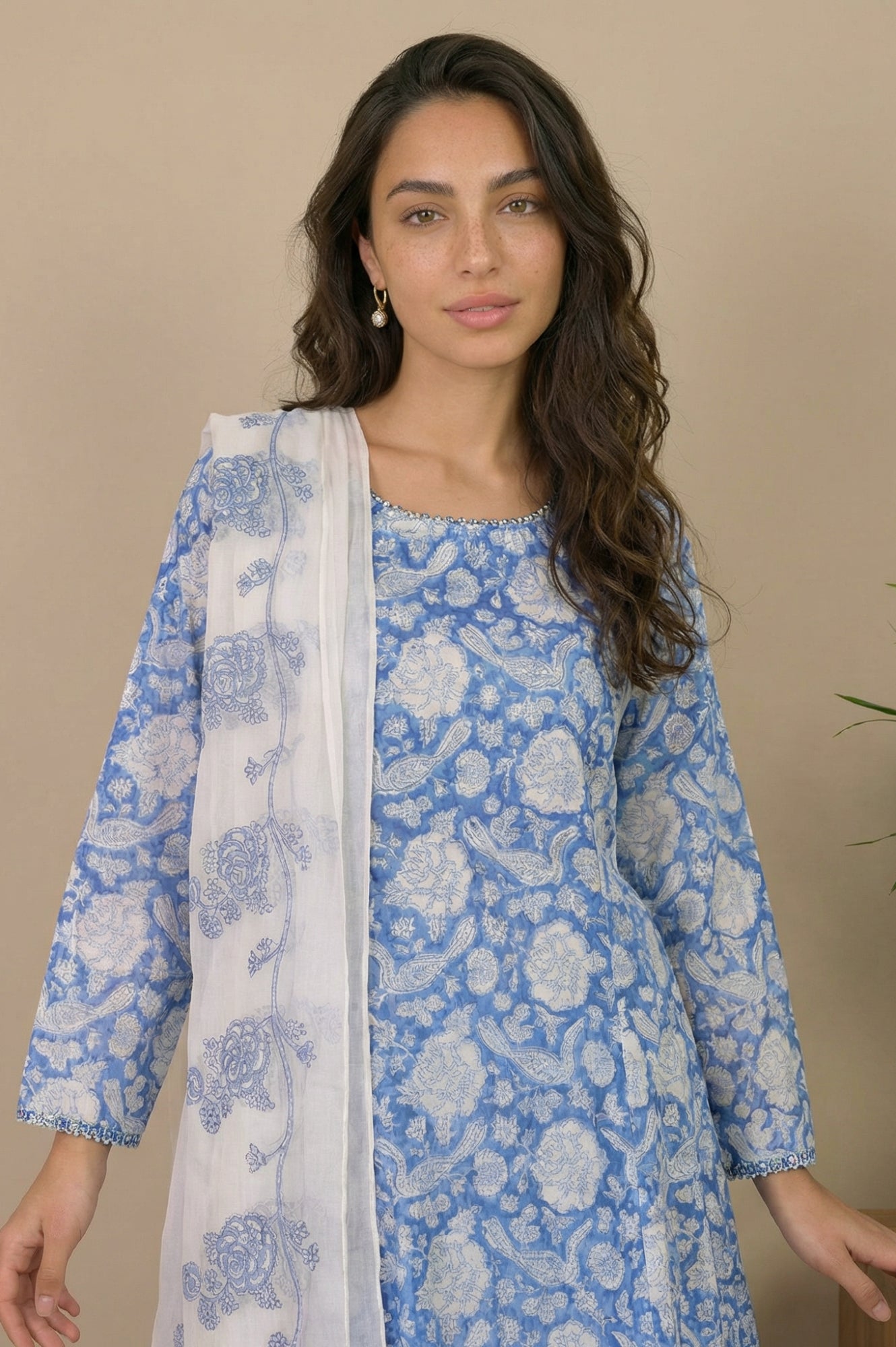 Blue Block Printed Pure Cotton A-Line Kurta with Pants and Dupatta Set