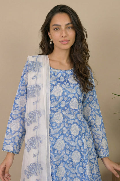 Blue Block Printed Pure Cotton A-Line Kurta with Pants and Dupatta Set
