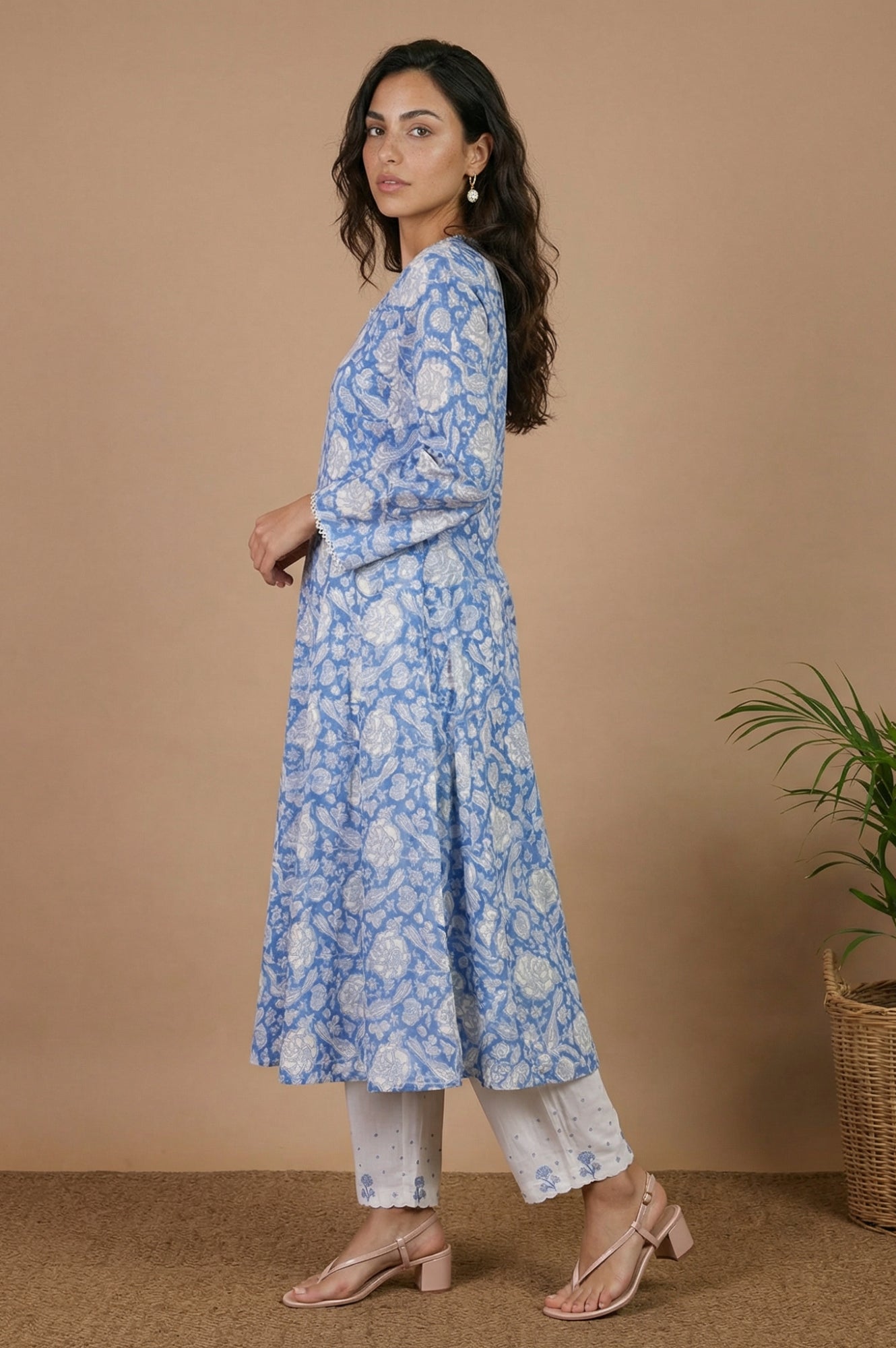 Blue Block Printed Pure Cotton A-Line Kurta with Pants and Dupatta Set
