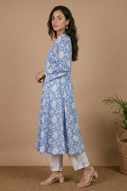Blue Block Printed Pure Cotton A-Line Kurta with Pants and Dupatta Set