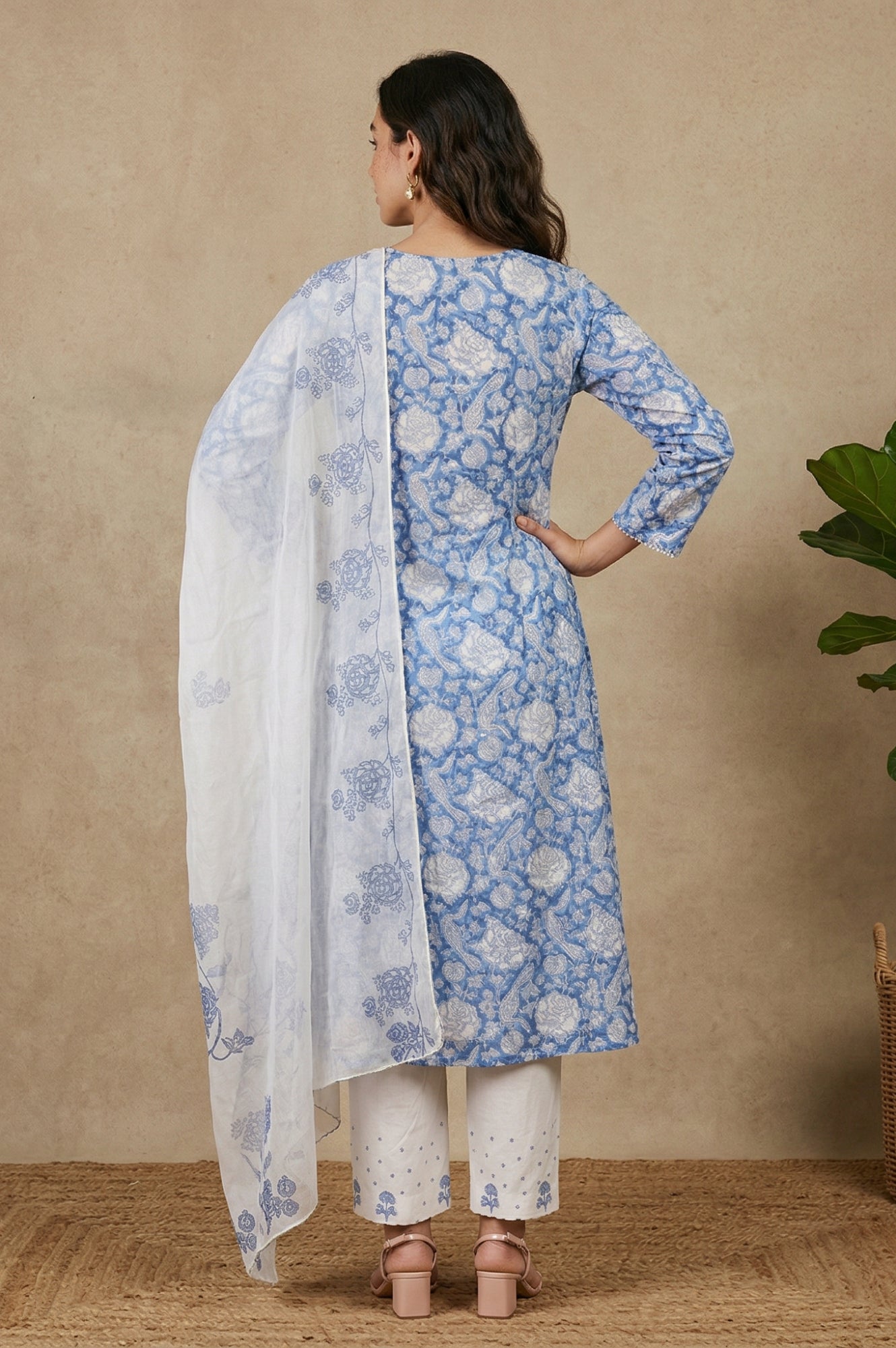 Blue Block Printed Pure Cotton A-Line Kurta with Pants and Dupatta Set