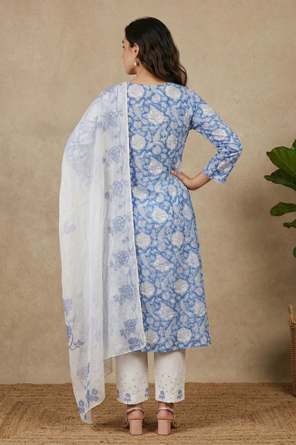Blue Block Printed Pure Cotton A-Line Kurta with Pants and Dupatta Set