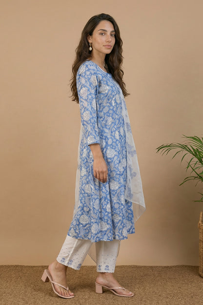 Blue Block Printed Pure Cotton A-Line Kurta with Pants and Dupatta Set