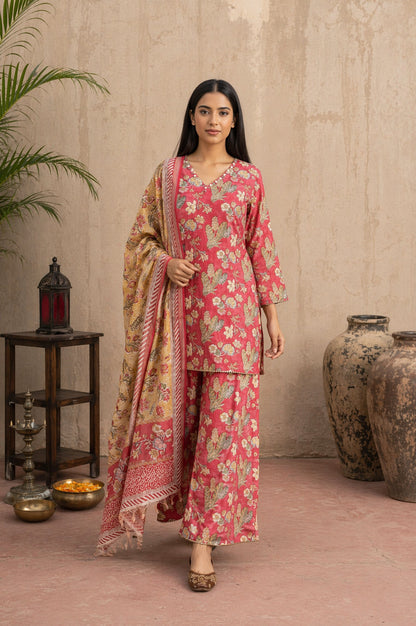 Rose Floral Printed Pure Cotton Straight Kurta with Sharara and Dupatta Set