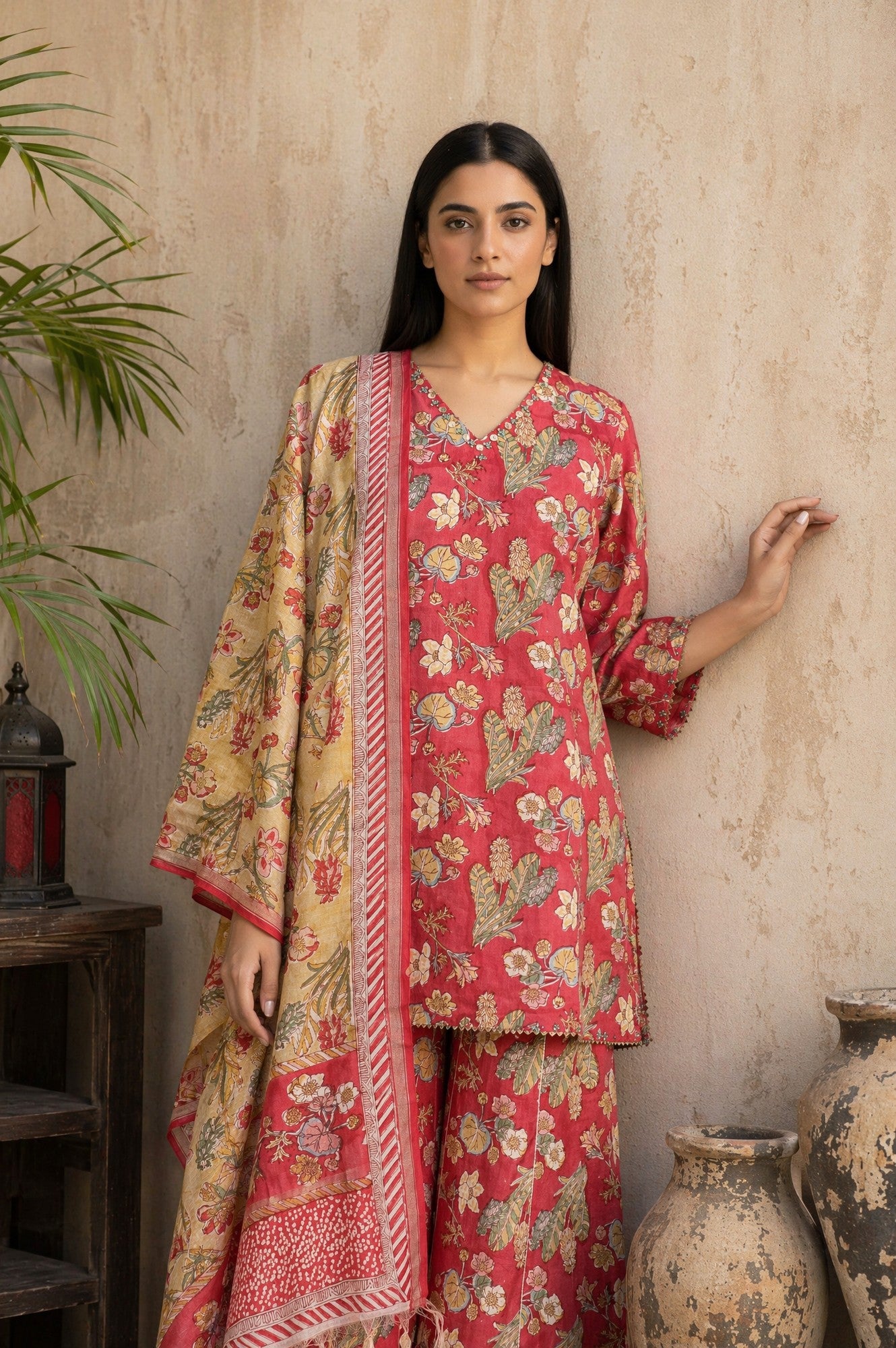 Rose Floral Printed Pure Cotton Straight Kurta sharara set for women