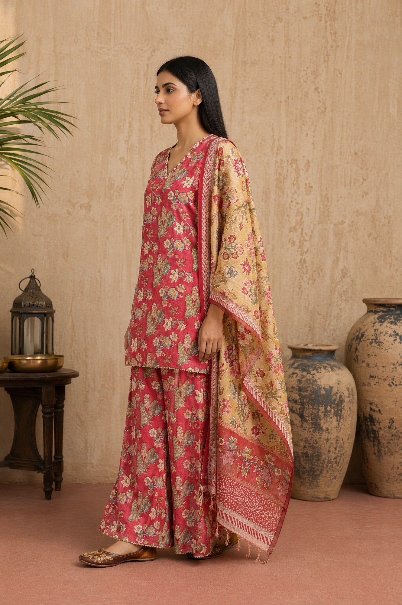 Rose Floral Printed Pure Cotton Straight Kurta with Sharara and Dupatta Set