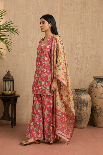 Rose Floral Printed Pure Cotton Straight Kurta with Sharara and Dupatta Set
