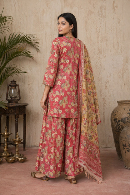 Rose Floral Printed Pure Cotton Straight Kurta with Sharara and Dupatta Set