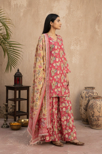 Rose Floral Printed Pure Cotton Straight Kurta with Sharara and Dupatta Set
