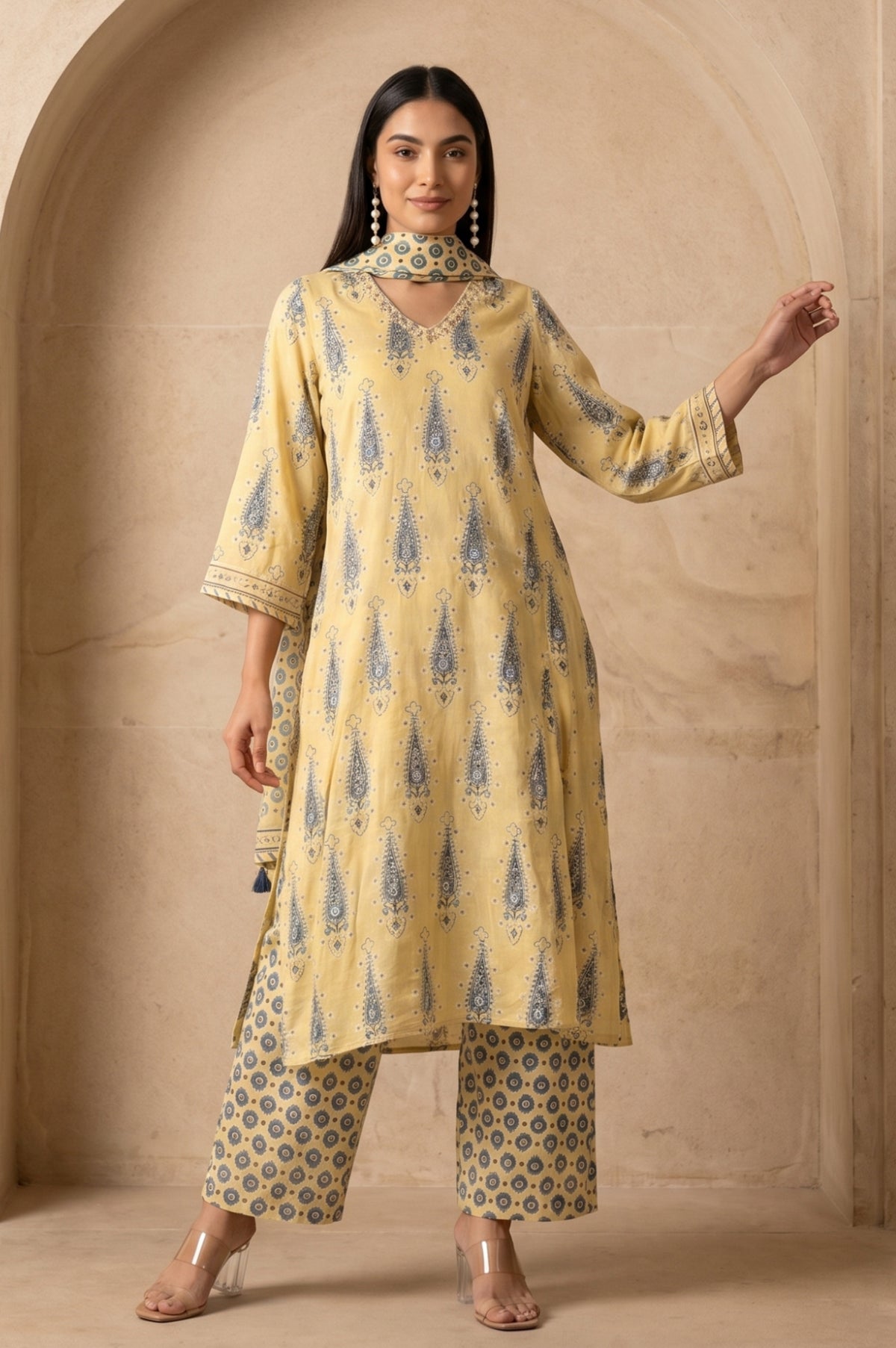 Folksong Women’s Yellow Geometric Printed Modal Satin Straight Kurta with Parallel Pants and Dupatta Set - XS