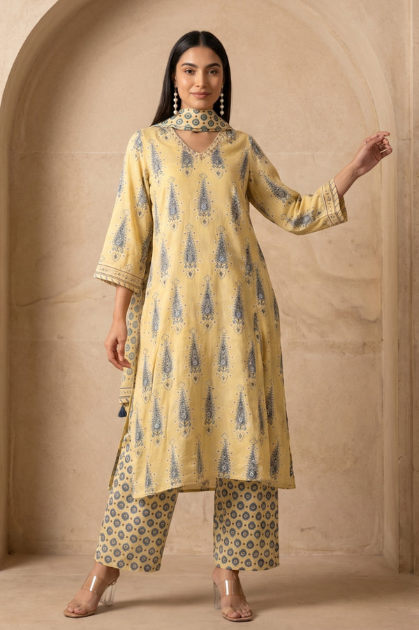 Folksong Women’s Yellow Geometric Printed Modal Satin Straight Kurta with Parallel Pants and Dupatta Set