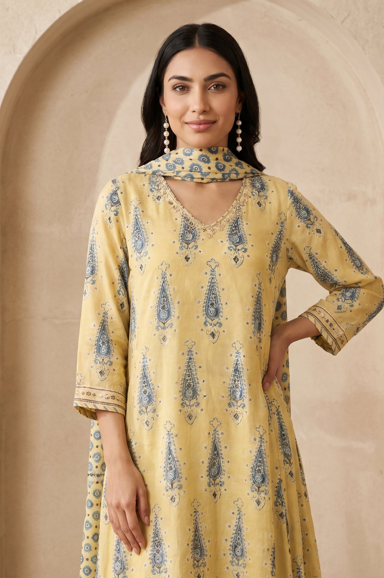 Folksong Women’s Yellow Geometric Printed Modal Satin Straight Kurta with Parallel Pants and Dupatta Set
