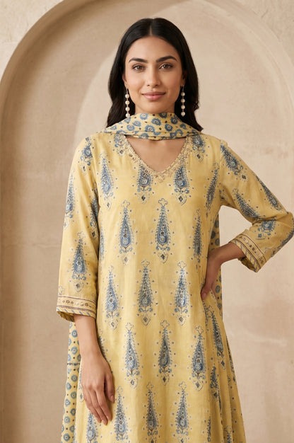 Folksong Women’s Yellow Geometric Printed Modal Satin Straight Kurta with Parallel Pants and Dupatta Set