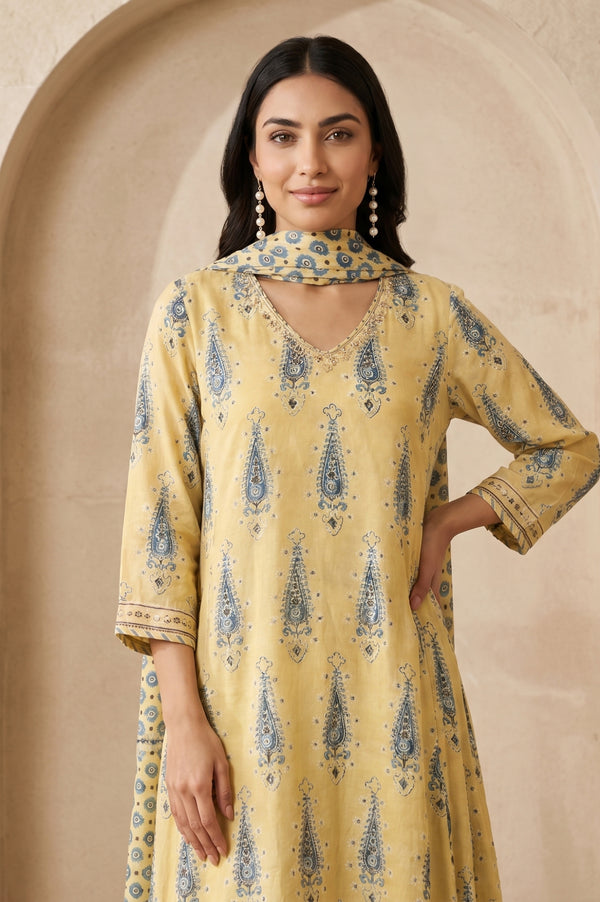 Folksong Women’s Yellow Geometric Printed Modal Satin Straight Kurta with Parallel Pants and Dupatta Set