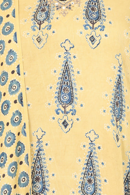 Folksong Women’s Yellow Geometric Printed Modal Satin Straight Kurta with Parallel Pants and Dupatta Set