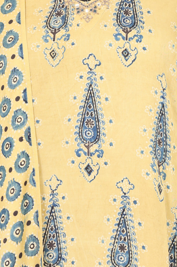 Folksong Women’s Yellow Geometric Printed Modal Satin Straight Kurta with Parallel Pants and Dupatta Set
