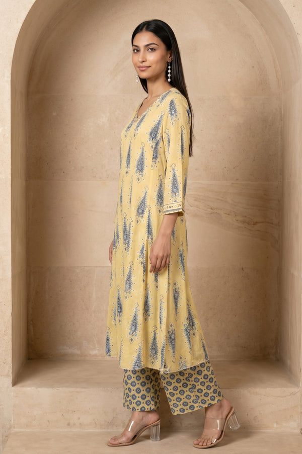 Folksong Women’s Yellow Geometric Printed Modal Satin Straight Kurta with Parallel Pants and Dupatta Set