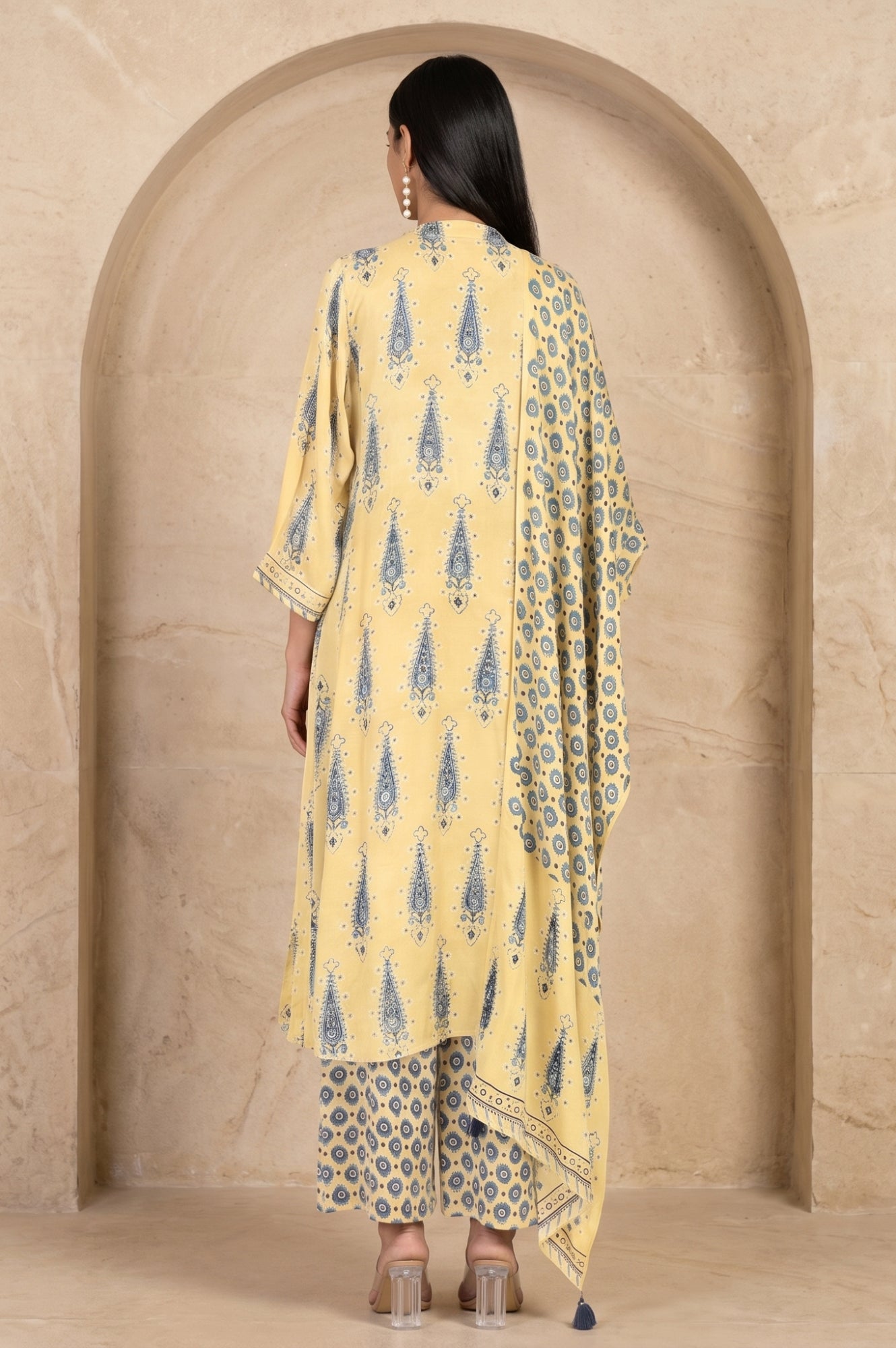 Folksong Women’s Yellow Geometric Printed Modal Satin Straight Kurta with Parallel Pants and Dupatta Set