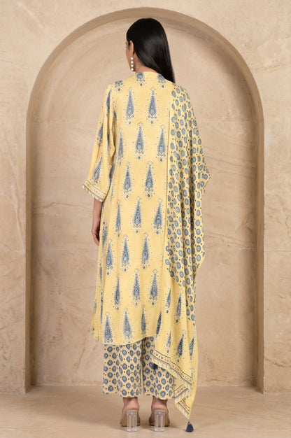 Folksong Women’s Yellow Geometric Printed Modal Satin Straight Kurta with Parallel Pants and Dupatta Set
