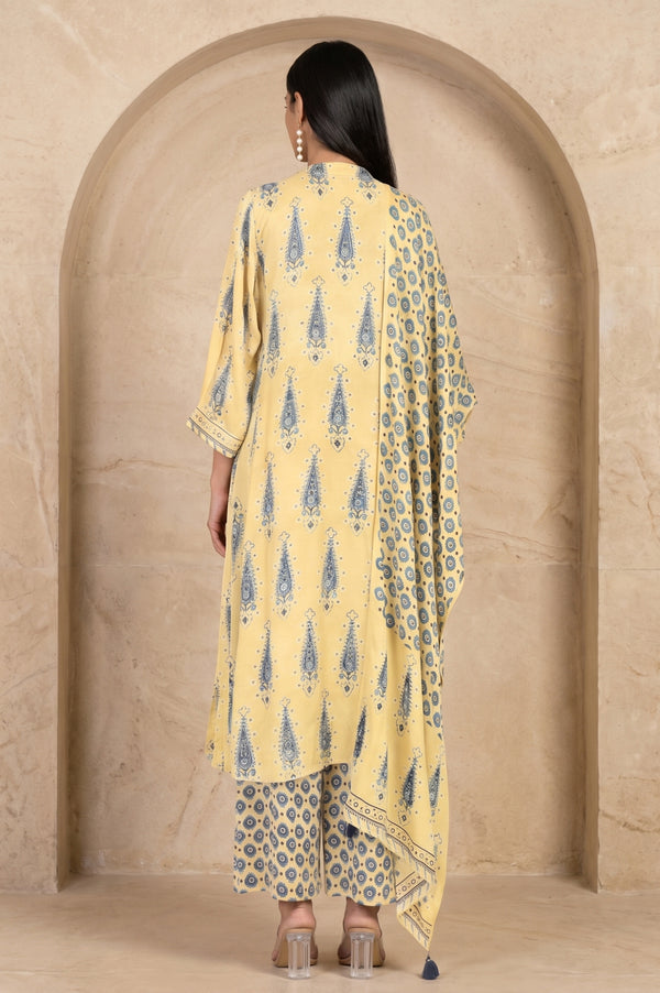 Folksong Women’s Yellow Geometric Printed Modal Satin Straight Kurta with Parallel Pants and Dupatta Set