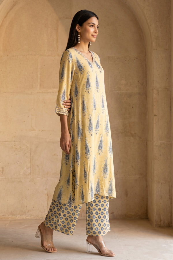 Folksong Women’s Yellow Geometric Printed Modal Satin Straight Kurta with Parallel Pants and Dupatta Set