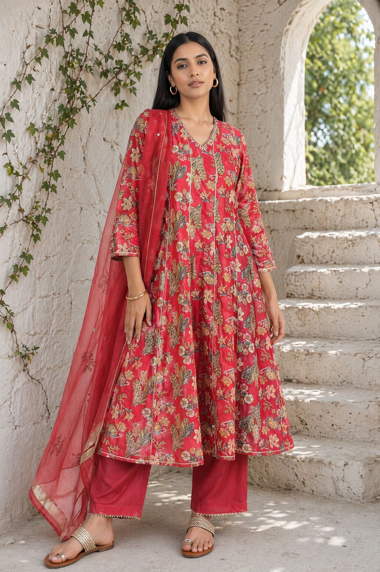Red Block Printed Gota Patti Cotton Silk Flared Kurta with Pant and Dupatta Set