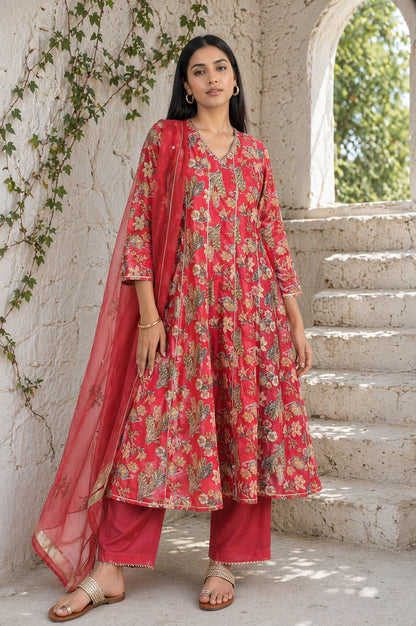 Red Block Printed Gota Patti Cotton Silk Flared Kurta with Pant and Dupatta Set