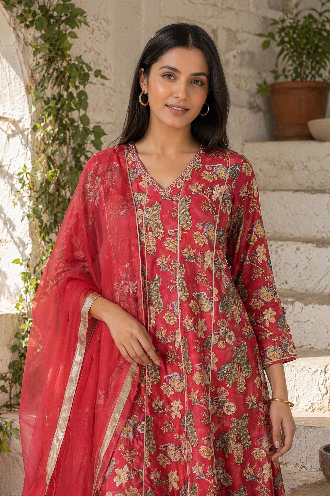 Red Block Printed Gota Patti Cotton Silk Flared Kurta with Pant and Dupatta Set