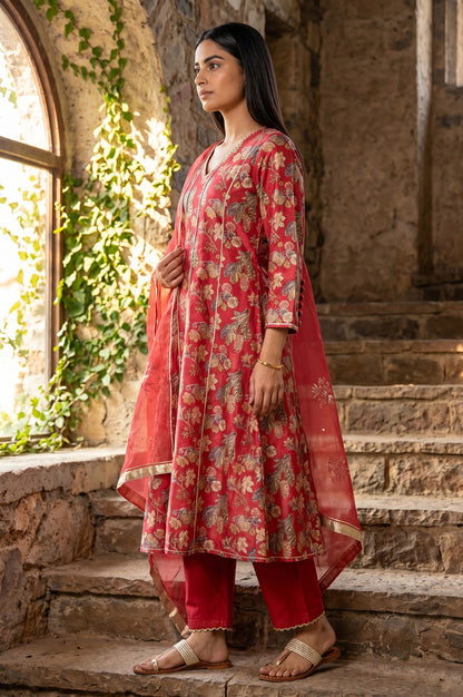 Red Block Printed Gota Patti Cotton Silk Flared Kurta with Pant and Dupatta Set
